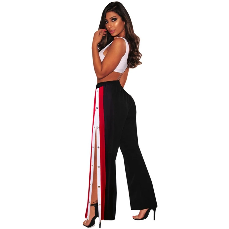 

Women High Split Wide Leg Pants Cropped Bottom Pants Side Slit Contrast Striped Back Zipper Loose Casual Trousers J1