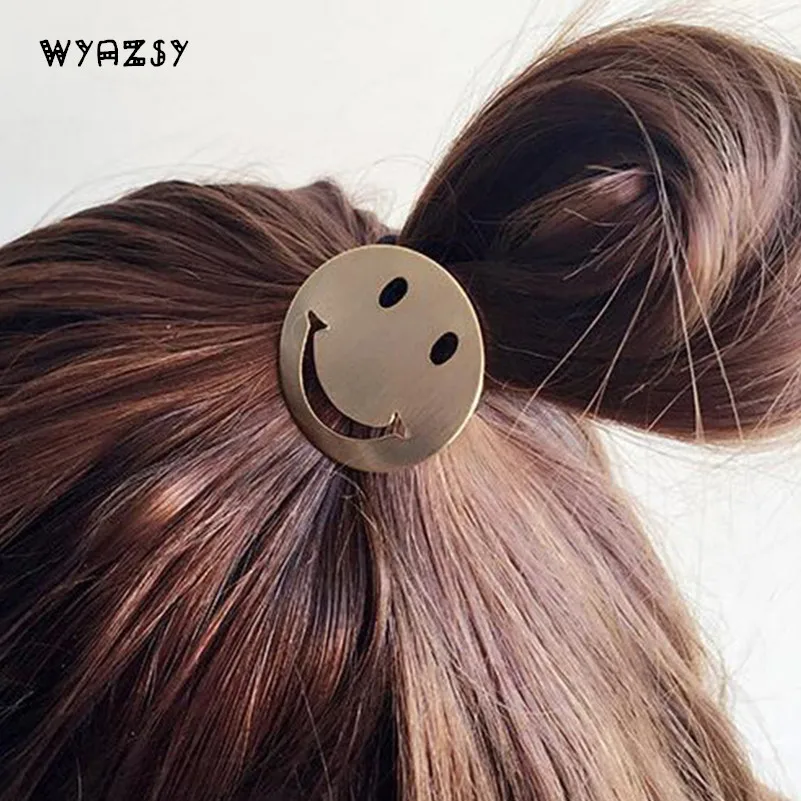 New Fashion Elastic Hair Rubber Band Hot Sale Metal Wire Drawing Smiley Round Buckle Hair Rope For Girls Sweet Hair Accessories