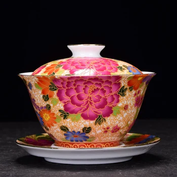 

Jingdezhen Ceramic Tea Tureen Enamel Gold Wire Peony Cover Bowl Chinese KungFu Gaiwan Tea Cup Tea Bowl Teaware Free Shiping