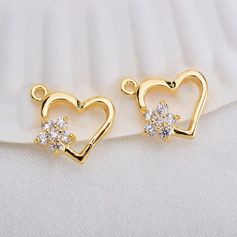 

(111)4PCS 14x14MM 24K Gold Color Plated Brass Heart with Flower Zircon Pendant Charms High Quality DIY Jewelry Making Findings
