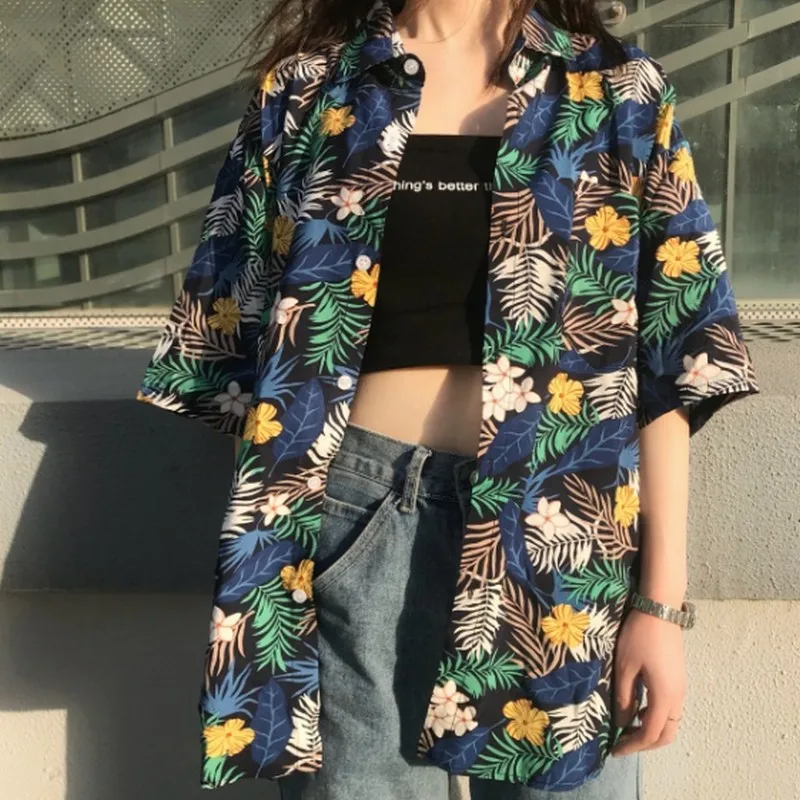 

2019 Streetwear Summer Floral Print Chiffon Short-sleeved Women Blouse Beach Style Vintage Casual Loose Plus Size Ladies Shirt