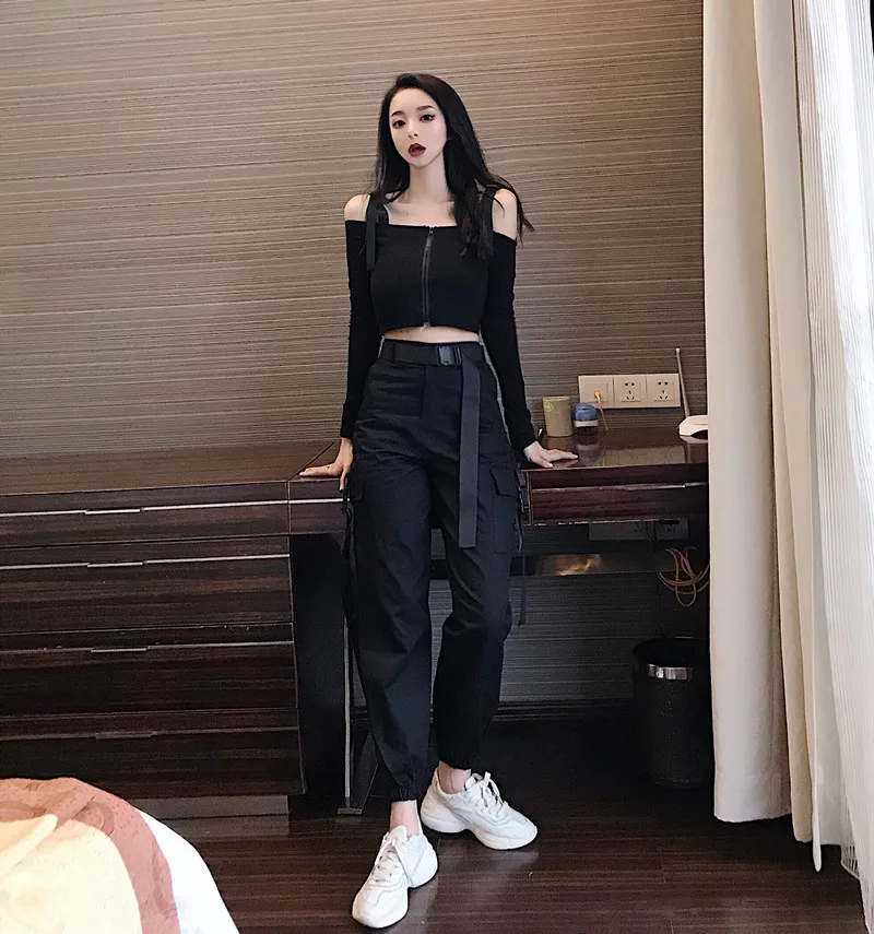 2019 New Women Set Loose High Waist Trousers + Suspenders T-shirt Slash Shoulder Two Pieces Overalls Suits Fashion Pocket Pants (10)