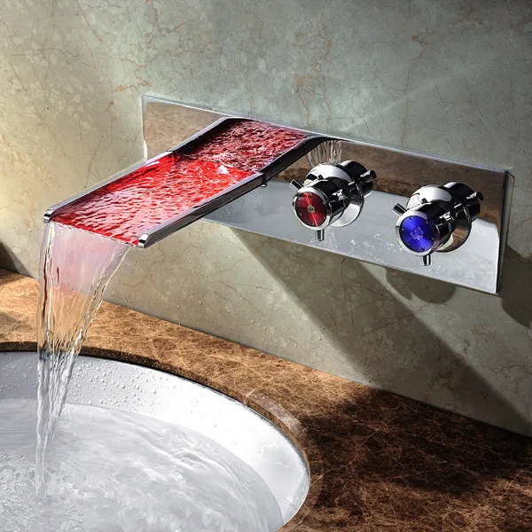 LED Lighted Wall Mounted Waterfall Bath Sink Faucet Basin Mixer Tap