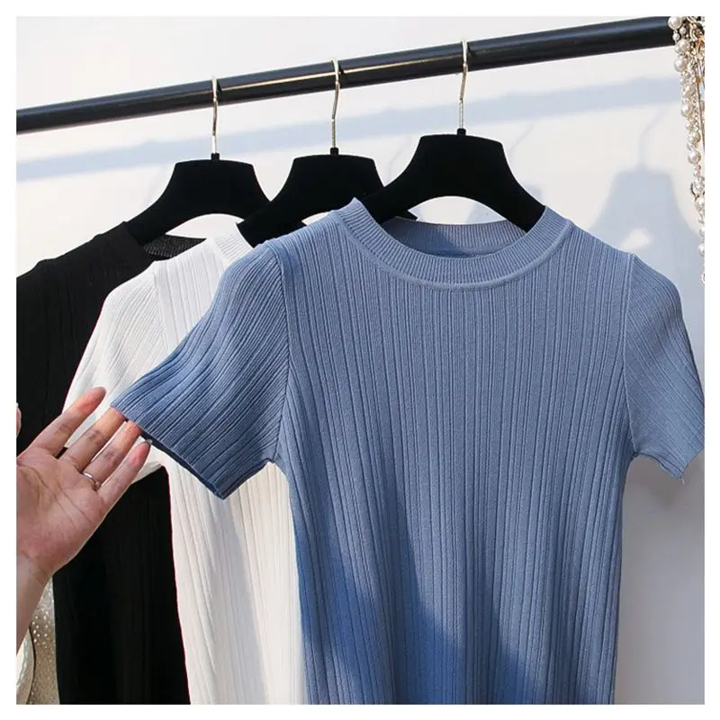 ONLYSVTER Новая Летняя трикотажная женская футболка высокая эластичность Тонкая Повседневная Топ с коротким рукавом модная женская футболка