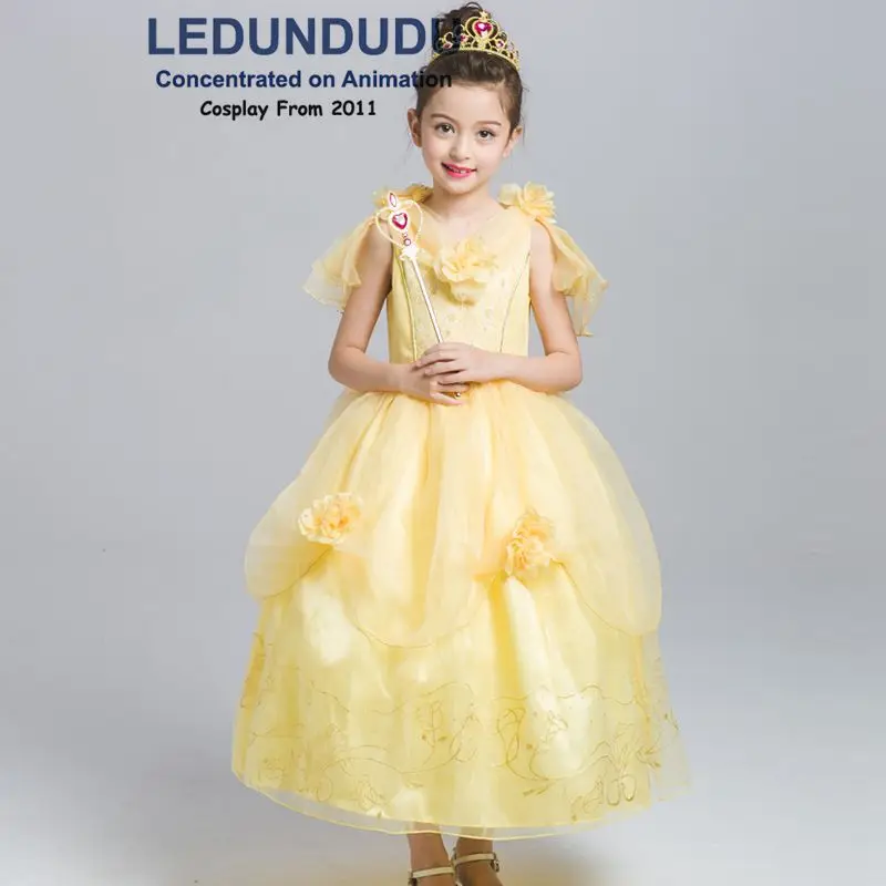 Hot Beauty and the Beast Cosplay Costume Girls Gorgeous Princess Dress Children Fancy Halloween Clothes Belle Princess Dress (21)