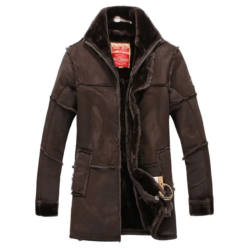 KENNTRICE Тренч, Мужская замшевая куртка, Лоскутные кожаные куртки, мужское пальто из искусственного меха, роскошная Толстая теплая длинная замшевая куртка - Цвет: Chocolate Black