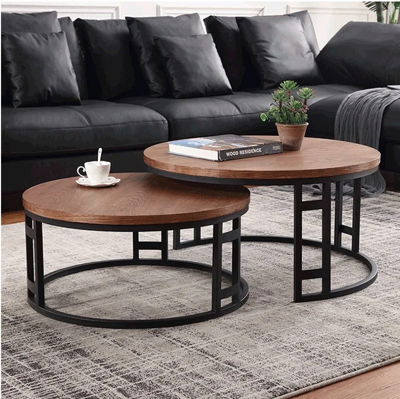 Nest Coffee Table with Metal Frame in Black / 80cm+70cm Round Plywood Top