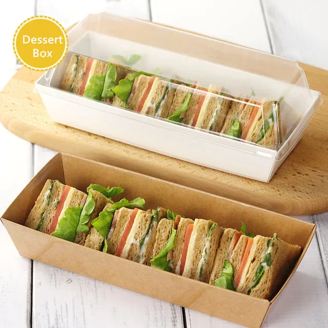 Sandwich Box Salad Dessert Hotdog Long Cake Packaging Boxes with Transparent Lids Kraft