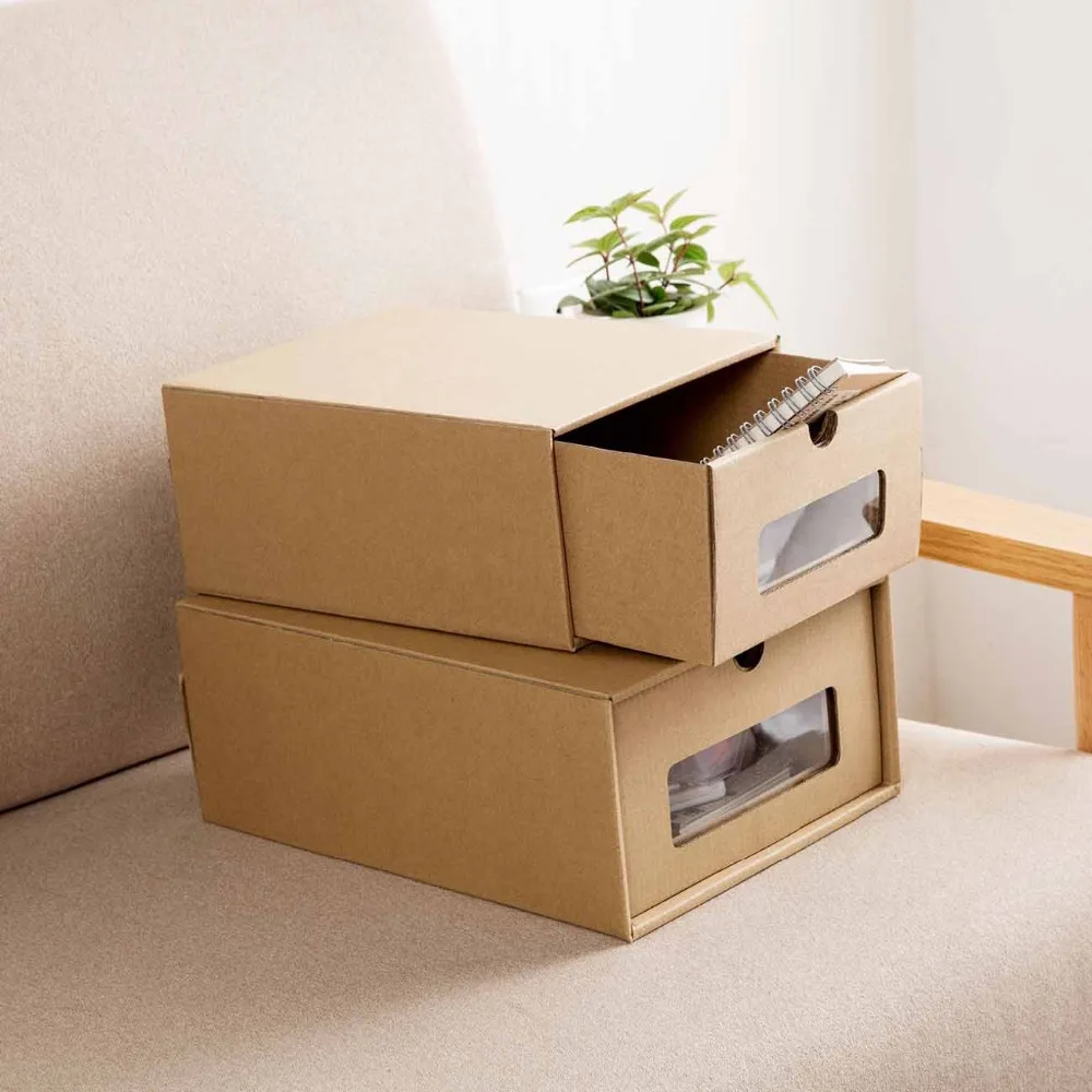 

Drawer Type Paper Cardboard Shoe Storage Box Kraft Paper Organizer Box Rectangle With Transparent Window for Women Man Children