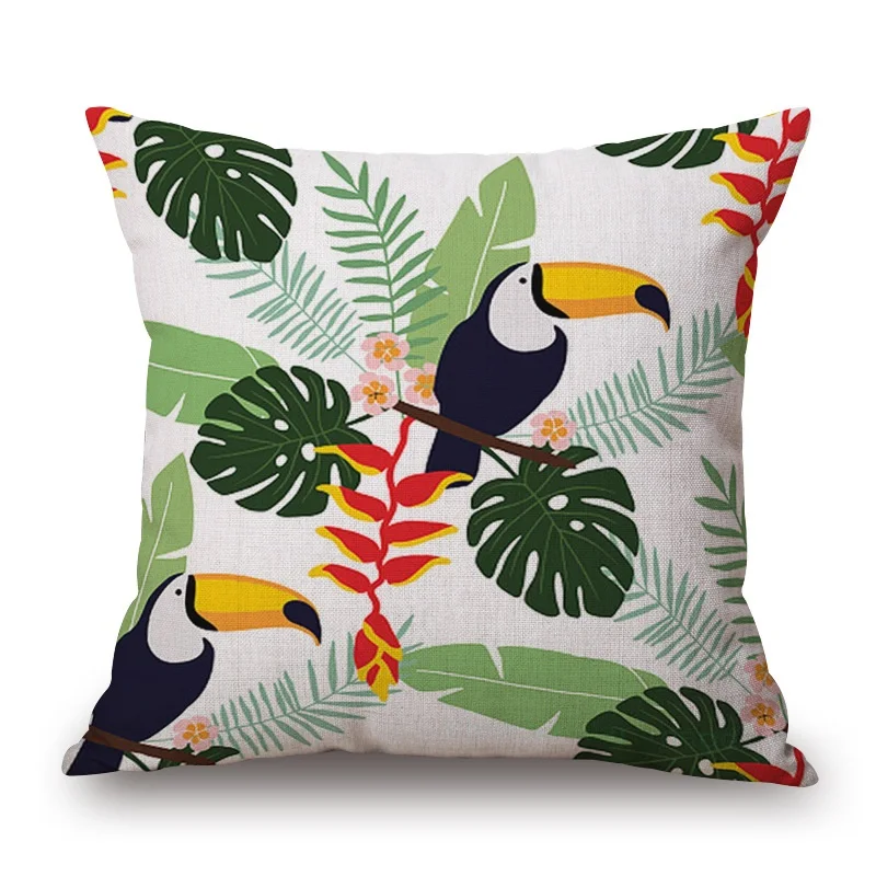 

Tropical Plants Jungle Leaves Cushion Covers Bird Flamingo toucan Parrot Hibiscus Flowers Cushion Cover Beige Linen Pillow Case