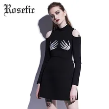 Rosetic Gothic Dresses Slim Skull Spring A-Line Black Hollow 2017 Summer Pullover Fall O-Neck Above Knee Gothic Mini Dresses