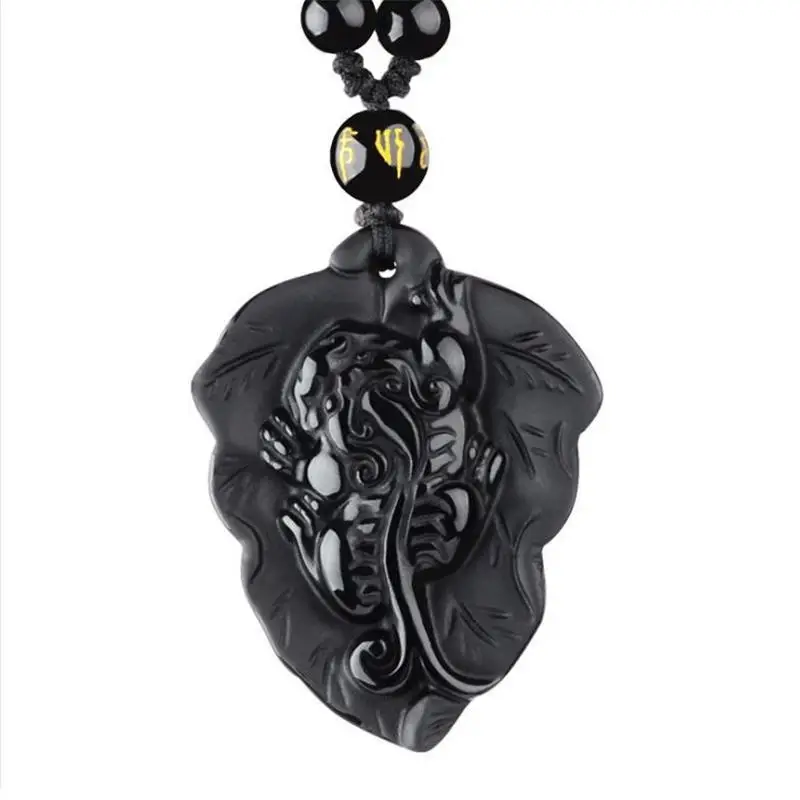 

Natural Black Obsidian Stone Carving Leave With Pixiu Pendant Women Men's Amulet Lucky Jades Jewelry Pendants+Beads Necklace