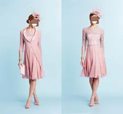 Розовый Мать Длинные платья для невесты рукава Матери платье с курткой шифон для Свадьбы Платье До Колена Для женщин Формальные