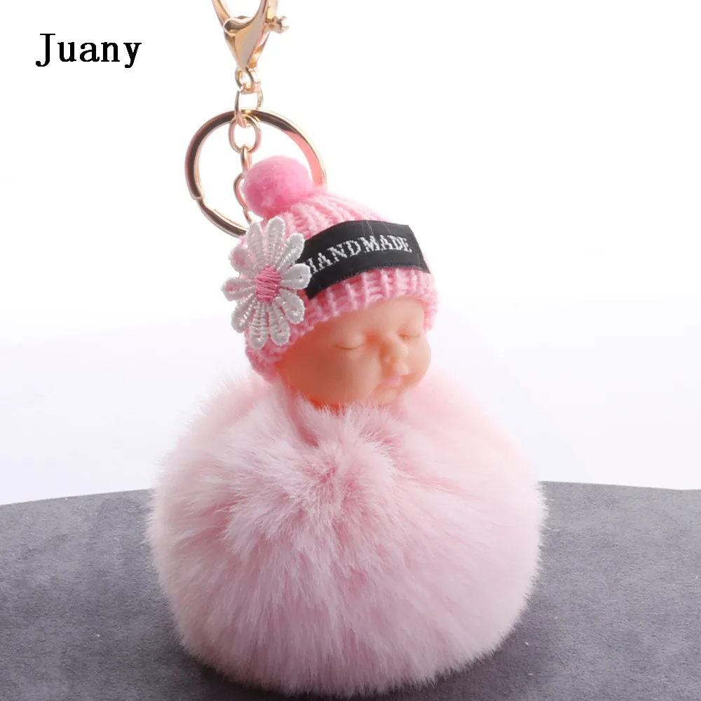 Fluffy fur pompom keychain cut sleeping baby doll keychain fake rabbit fur key chain 03