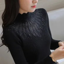 High Elastic Knitted Sweater Women 2019 Autumn Winter Lace Patchwork Long Sleeve Women Sweaters And Pullovers Female Pull Femme High Elastic Knitted Sweater Women 2019 Autumn Winter Lace Patchwork Long Sleeve Women Sweaters And Pullovers Female Pull Femme