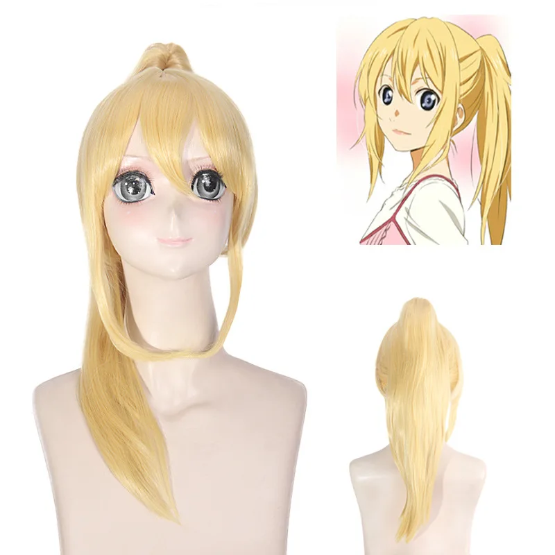 

2019 Anime Your lie in April Cosplay Wig For Halloween Party Miyazono Kaori Gold Blonde Clip Ponytail Cosplay Wigs + wig cap