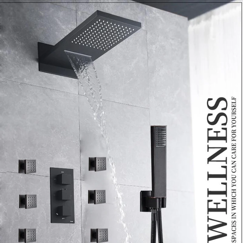 Oil Rubbed Bronze Waterfall Rainfall Shower Head Faucet Thermostatic Valve Mixer Tap Massage