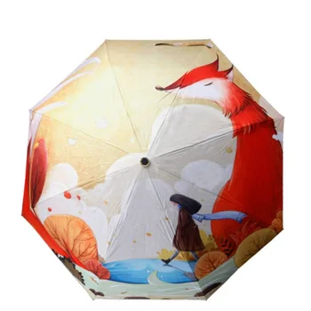 

Cute Fox Girl Cartoon Chinese Umbrella Illustration Three Folding Mini Umbrella 8 Rib Wind Resistant Frame For Mom Beautiful
