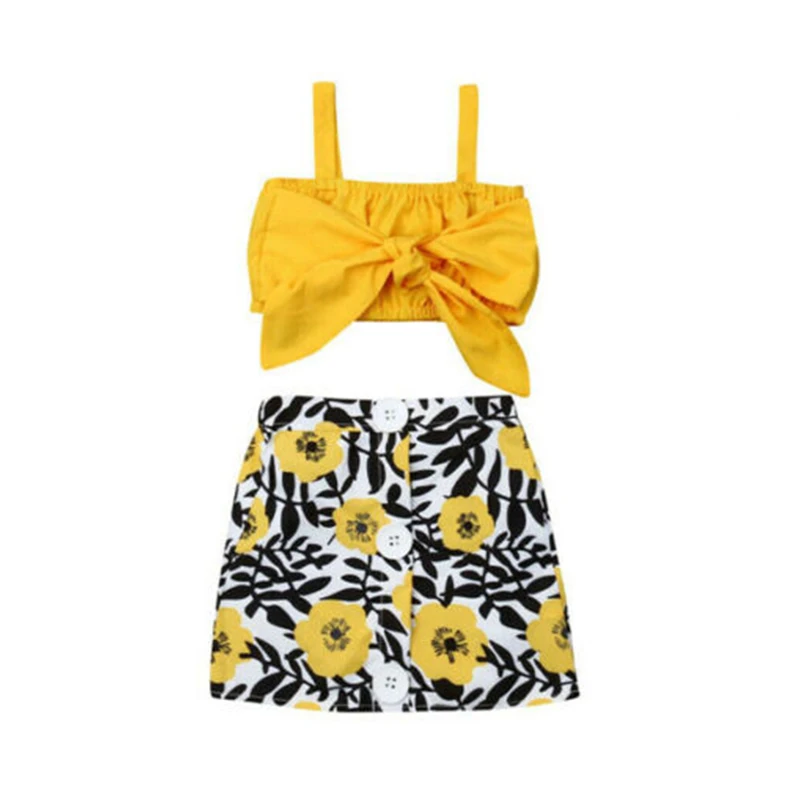 

Toddler Kids Baby Girl Clothes Bow Vest Tops Flower Skirt 2PCS Outfit Yellow Sunsuit