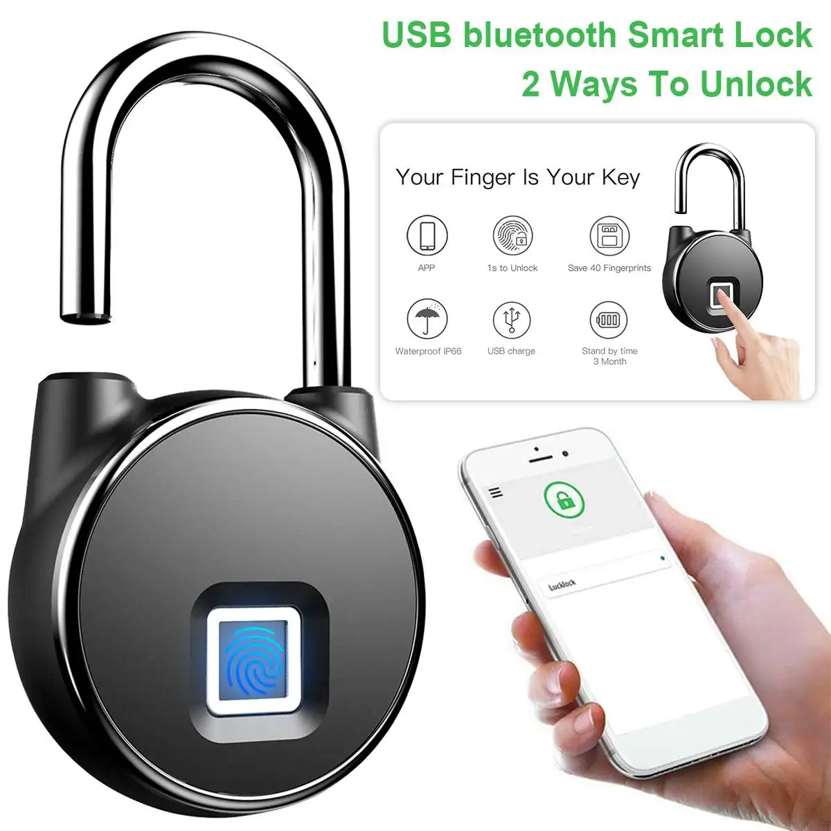 

Waterproof Intelligent bluetooth Fingerprint Lock Padlock Keyless Portable Anti-Theft iOS Android APP Control for Door Luggage
