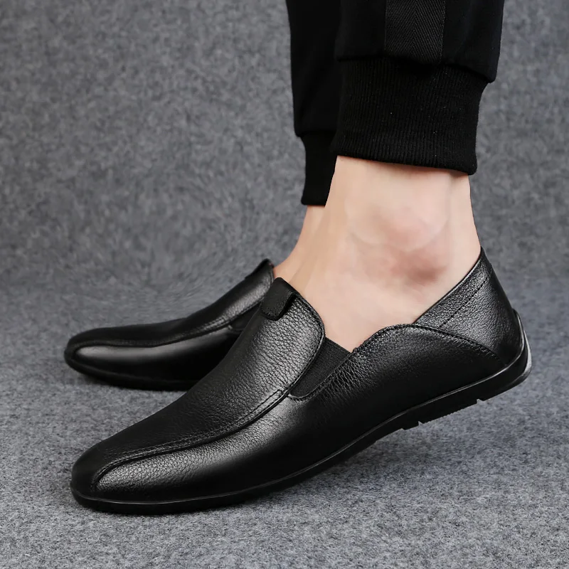 

2018 Men Flat Shoes Quality Split Leather Men Loafers Solid Black Breathable Slip-On Outdoor Men Driving Shoes 5