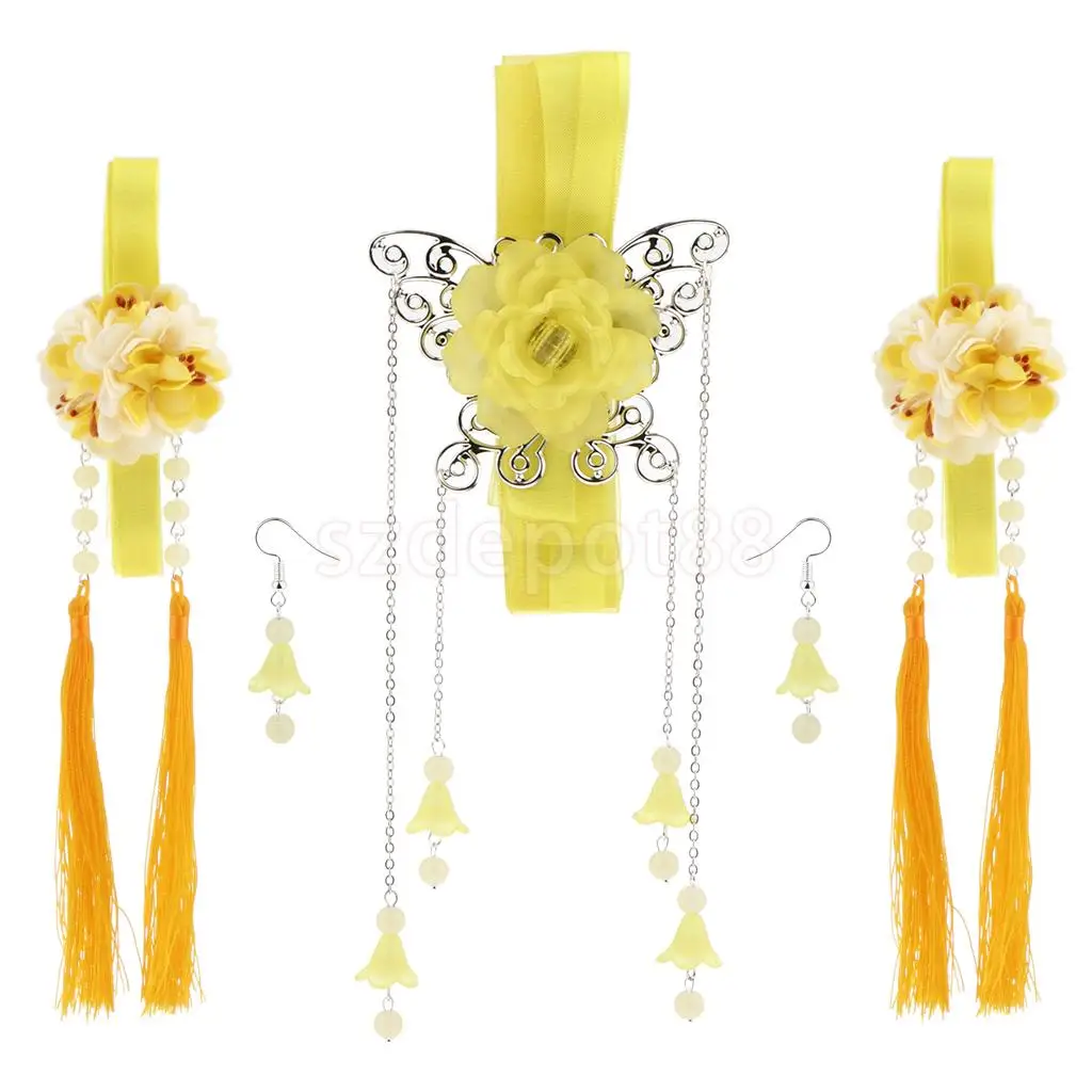 Ribbon Flower Chain Tassel Ancient Chinese Headdress Clip & Beads Dangle Earring Set Bridal Wedding Cosplay Party Hair Jewelry