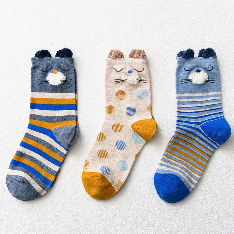 Для осени и зимы, хлопковые носки с милым объемным узором зверей из мультиков, для женщин, фирменные креативные носки для женщин, модные носки, 3 пары/набор - Цвет: 10670