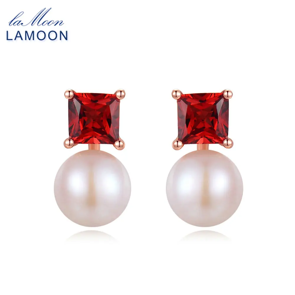 LAMOON Simple Style 100% Natural Red Garnet Freshwater Pearl 925 sterling-silver-jewelry  Earring S925 LMEI038