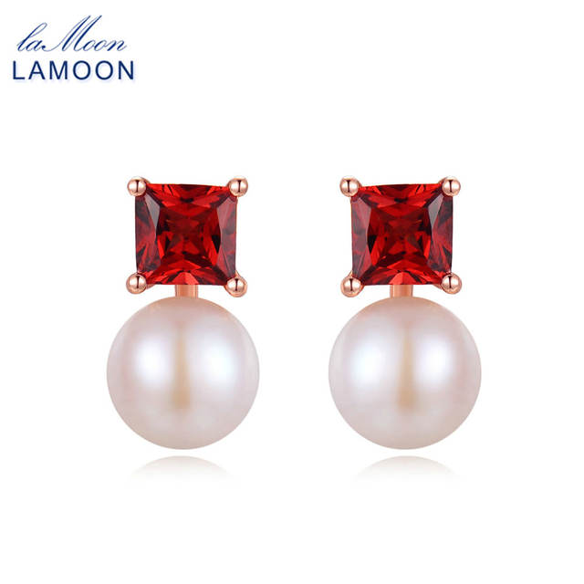 LAMOON Simple Style 100% Natural Red Garnet Freshwater Pearl 925 sterling-silver-jewelry  Earring S925 LMEI038