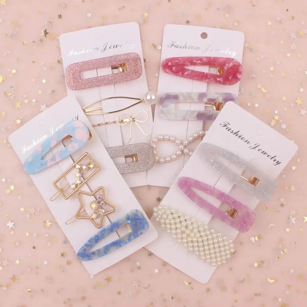 

2019New Fashion Acrylic gold womens Hair Clip Multiple combinations pearl hair clip for women barrettes girls hair clips 1set