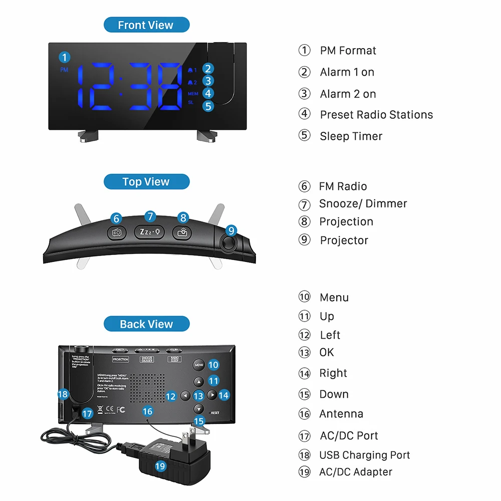 Mpow HM268 Digital FM Radio Alarm Clock With Projection 4 Alarm Sounds 9 Min Snooze Function Sleep Timer For Home Office Bedroom