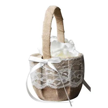 

New Quality Retro Jute Burlap Lace Wedding Flower Basket Flower Girl Basket for Wedding Decoration Storage Basket Hanging Basket