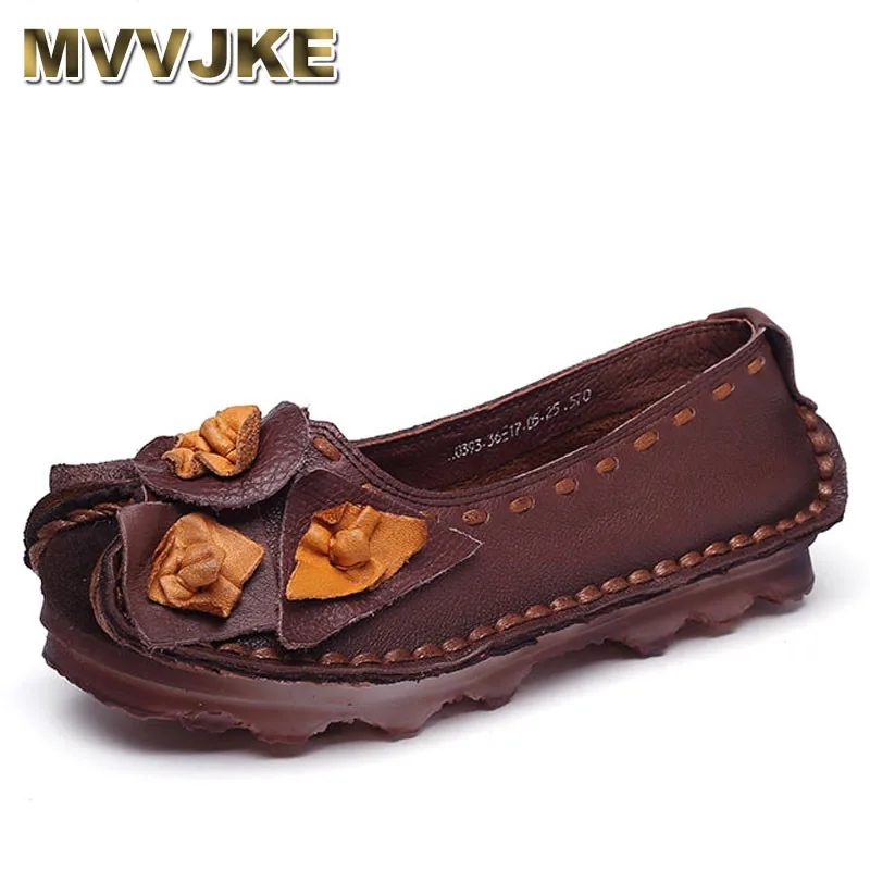 

MVVJKE Genuine Leather Soft Bottom Shoes Handmade Flowers Women Loafers Shoes Casual Female Flats Driving Shoes plus size