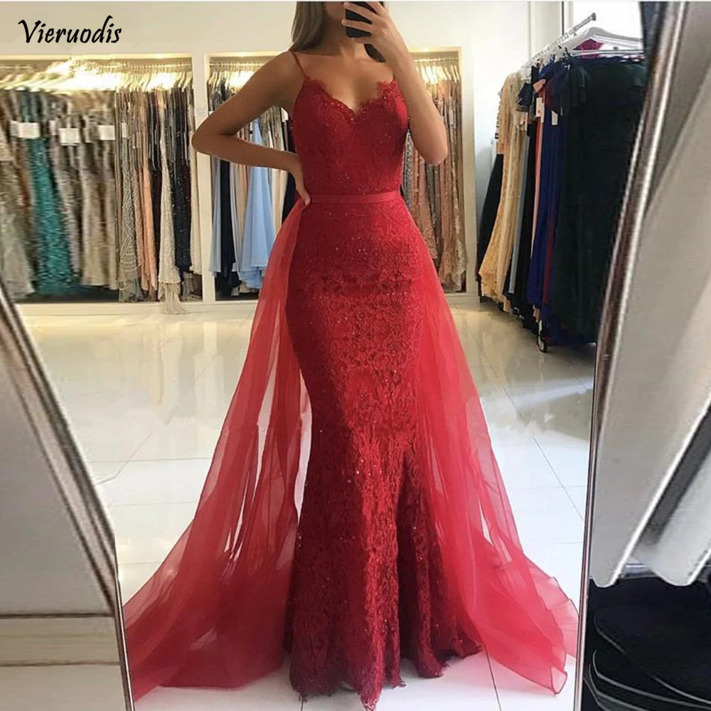 

Red Muslim Evening Dresses 2018 Spaghetti Straps Tulle Train Lace Beaded Mermaid Formal Dress Long Elegant Evening Gown