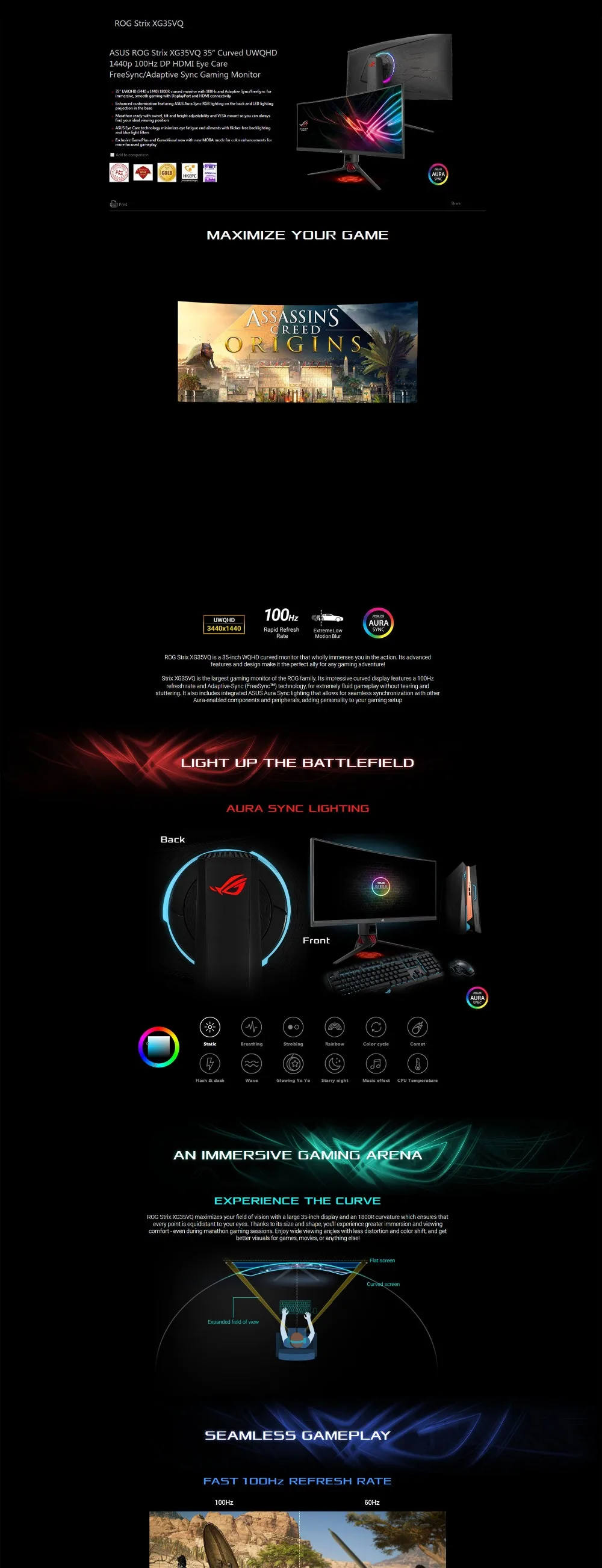 ASUS ROG Strix XG35VQ 35 изогнутый UWQHD 1440p 100Hz DP HDMI Уход за глазами FreeSync/Адаптивная синхронизация игровой монитор