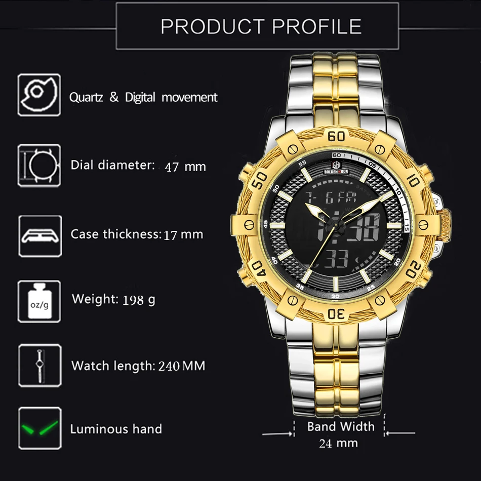 GOLDENHOUR Herren-Armbanduhr, digital, analog, sportlich, wasserdicht, zweifarbig, Edelstahl_voghion.com