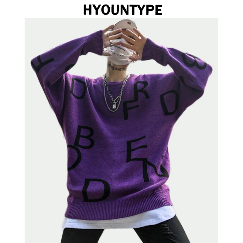 

Letter Knitted Oversized Sweater Men Hip Hop Streetwear Loose Oversized Sweaters 2018 New Autumn Casual Purple Pullover Clothing