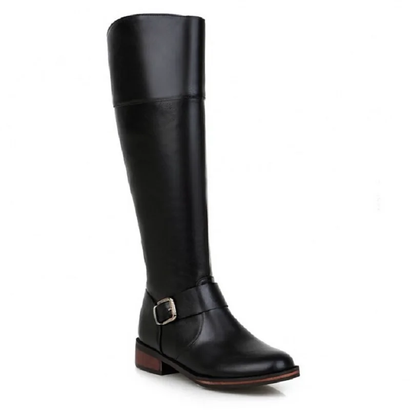 

2015 New Winter Fashion Boots Buckle Round Toe Side Zipper Brand Womens Flat Knee High Boots Shoes Woman Ladies Rain Boots US 10