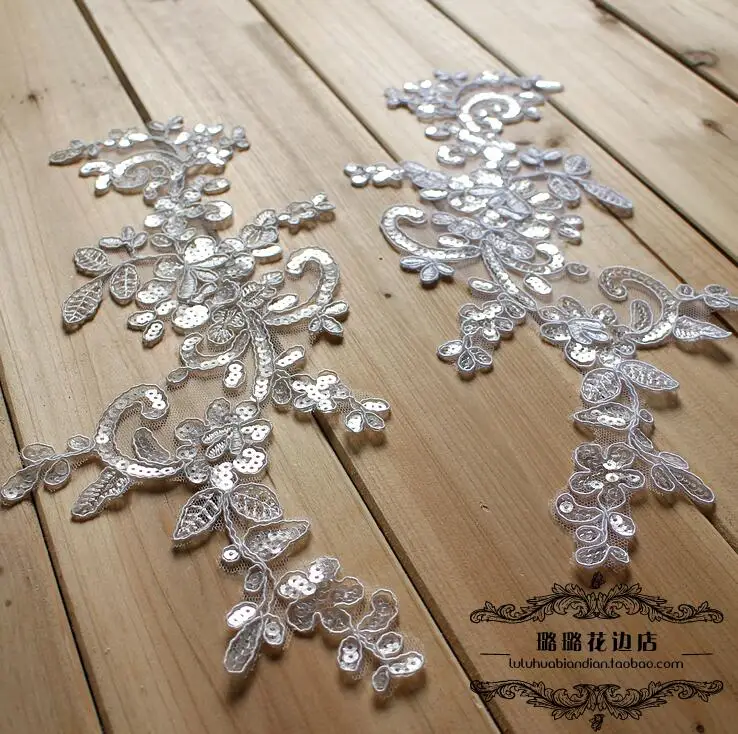 

3 Pairs/6 Pieces 30*17cm Romantic Floral Flower Wedding Bridal Sequined Lace Trim Applique Mirror Pair
