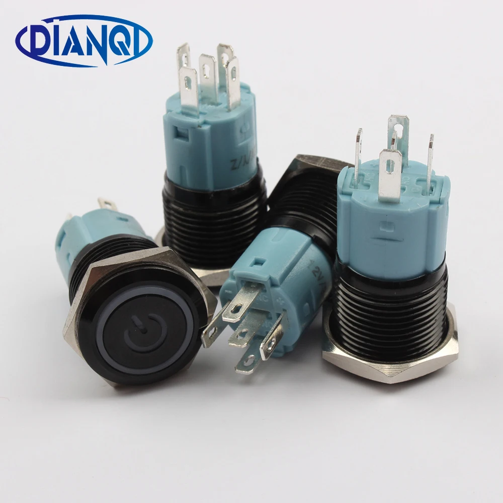 16mm metal push button switches aluminum oxide black power switch with illuminated LED light
