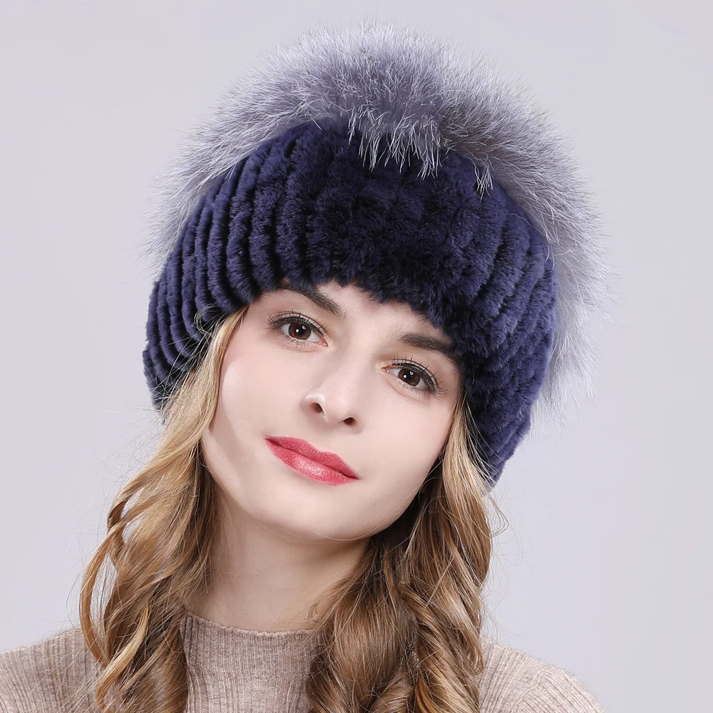 Outdoor Women Warm Soft Genuine Rex Rabbit Fur Hat Knitted Natural Real Sliver Fox Fur Caps Winter Real Rabbit Fur Beanies Hats