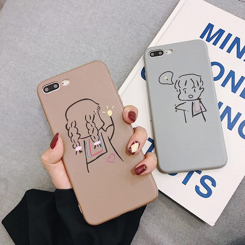 

Korean Cartoon Couple Light Bulb Girl Case for iPhone X XS XR MAX 6 6S 7 8 plus Candy Color Soft TPU Silicone cover Coque