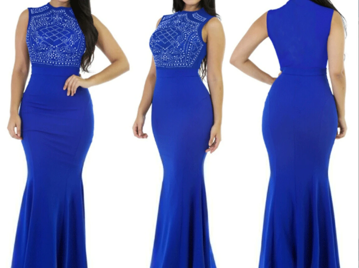 Сексуальное женское длинное приталенное платье Русалка без рукавов с бисером повседневные официальные платья - Цвет: Синий
