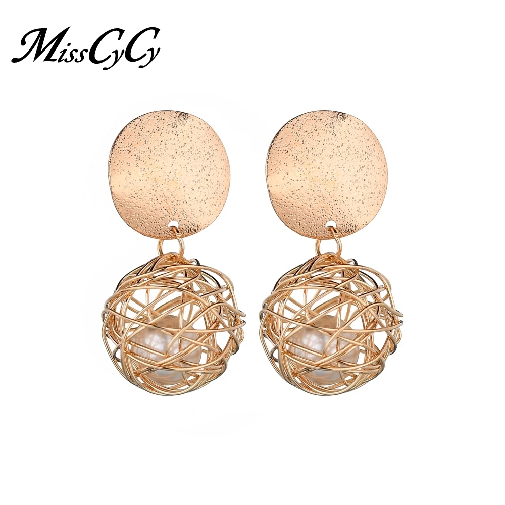 

MissCyCy 2018 New Hollow Metal Ball Hanging Earrings for Women Imitation Pearl Stud Earring Fashion Jewelry