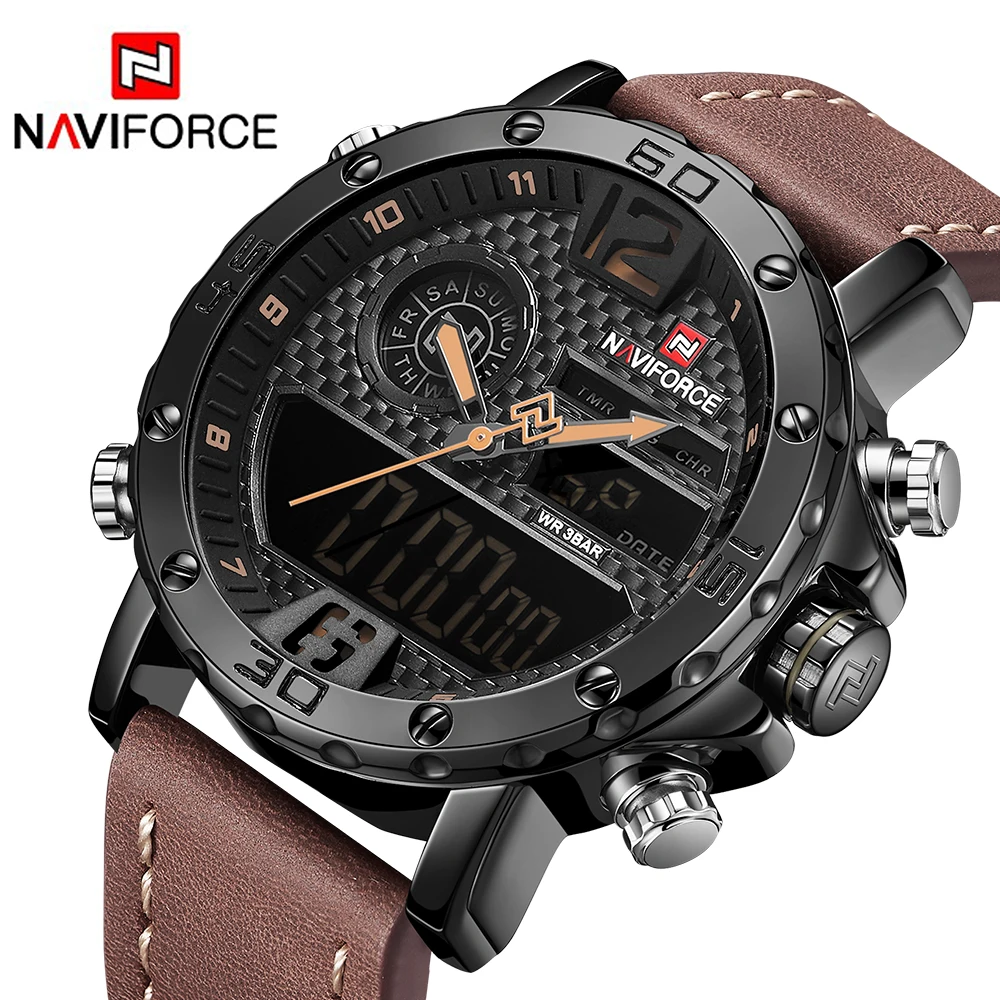 

Mens Watches Top Luxury Brand NAVIFORCE Men Leather Sports Watches Men Quartz LED Digital Clock Waterproof Military Wrist Watch