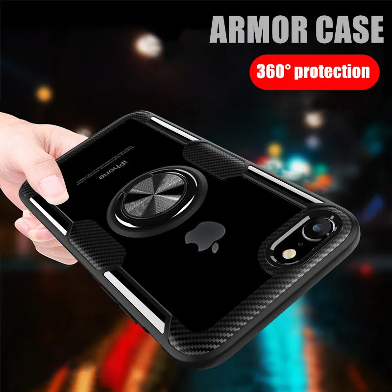 Shockproof Armor Clear Crystal Tempered Glass Case For iPhone 6 6s 7 8 Plus Soft Silicone Cover Iphone PC Car Ring |
