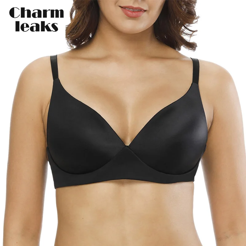 Charmleaks Bras Women's Everyday Bra Cotton Solid color Thicken Lightly Padded T Shirt Bra Comfortable Hot Sale - Цвет: BLA