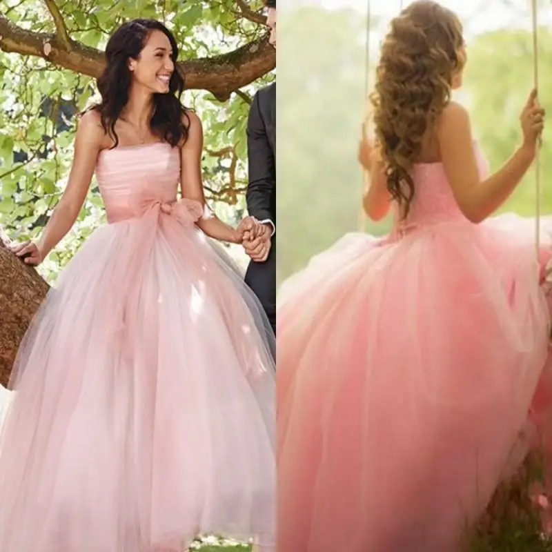 

Fantasy Dusty Pink Wedding Dresses Princess Middle East Arabic Women Party Dresses with Bow Sash Summer Garden Bridal Gowns