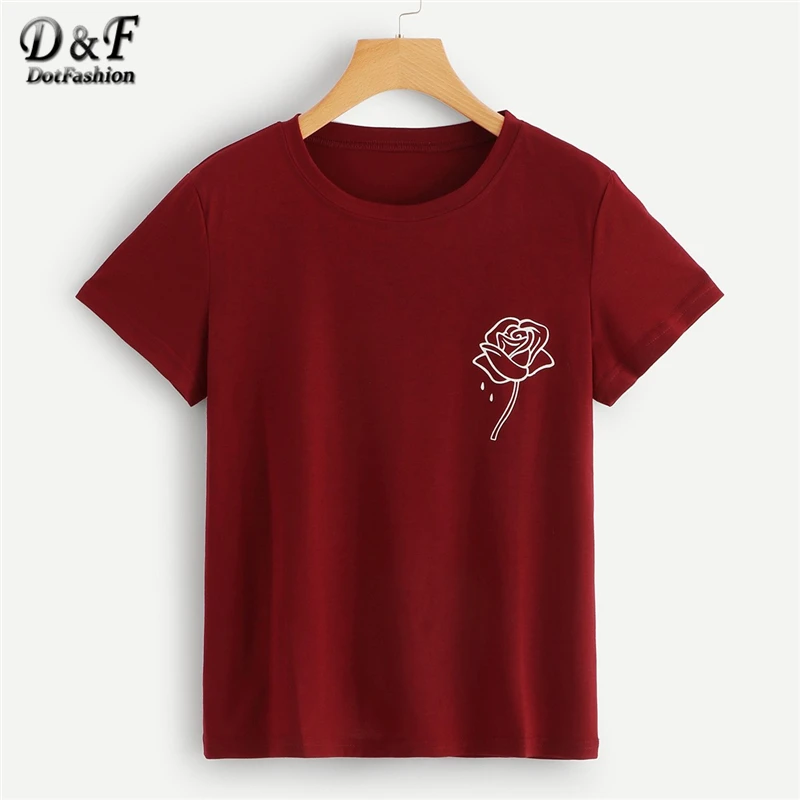 

Dotfashion Burgundy Floral Rose Print Tee Women 2019 Summer Casual Short Sleeve Aesthetic Clothes Ladies Tops Streetwear T-Shirt