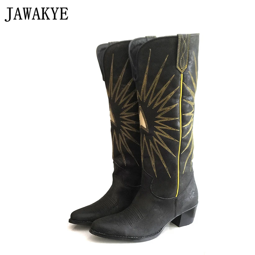 

New Retro genuine leather Cowboy Knee high Boots Women Rome Square Kitten heel Embroider knight Boots Flats Winter Shoes Woman
